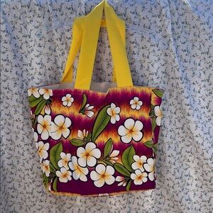 Handcrafted Floral Tote Bag with Yellow Straps